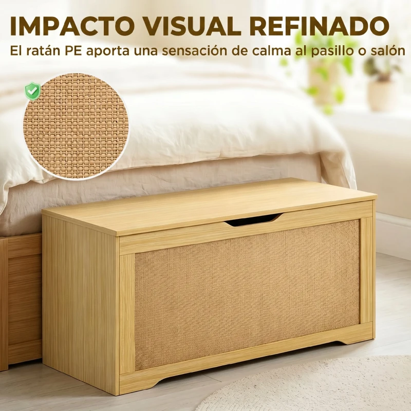 HOMCOM Baúl de Almacenaje 108L Banco de Almacenaje con Panel de Ratán Tapa Brazos de Soporte para Recibidor 80x40x45cm Roble