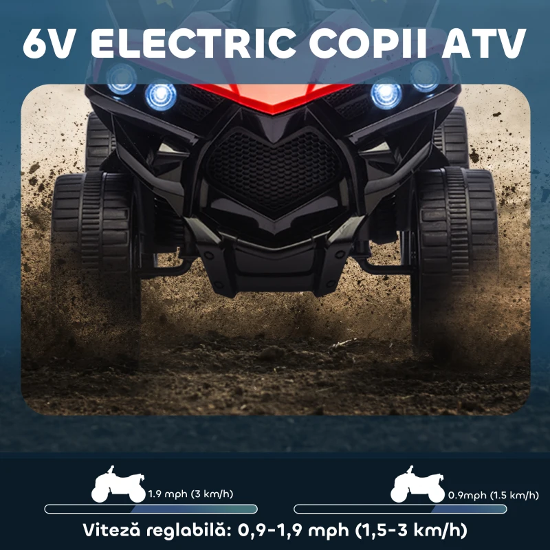 AIYAPLAY ATV Electric pentru Copii cu Baterie Reîncărcabilă 6V, Faruri LED și Muzică, Vârsta 18-56 Luni, Roșu