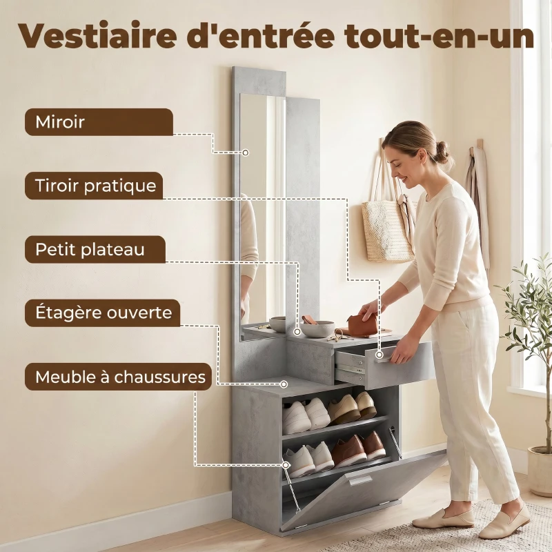 HOMCOM Ensemble meuble d'entrée avec meuble à chaussures abattant, vestiaire avec miroir, tiroir et plateau, gris