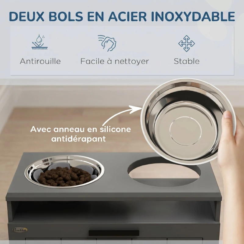 PawHut Gamelle Chien Surélevée avec Bols Anti-Glouton & Eau en Acier Inoxydable, Tiroir de Rangement, 60x30x35cm, Gris