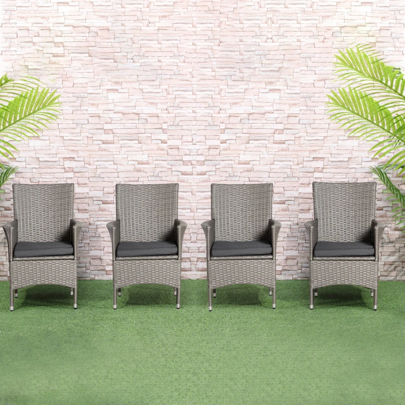 Outsunny Set of Four Rattan Armchairs, with Cushions - Grey