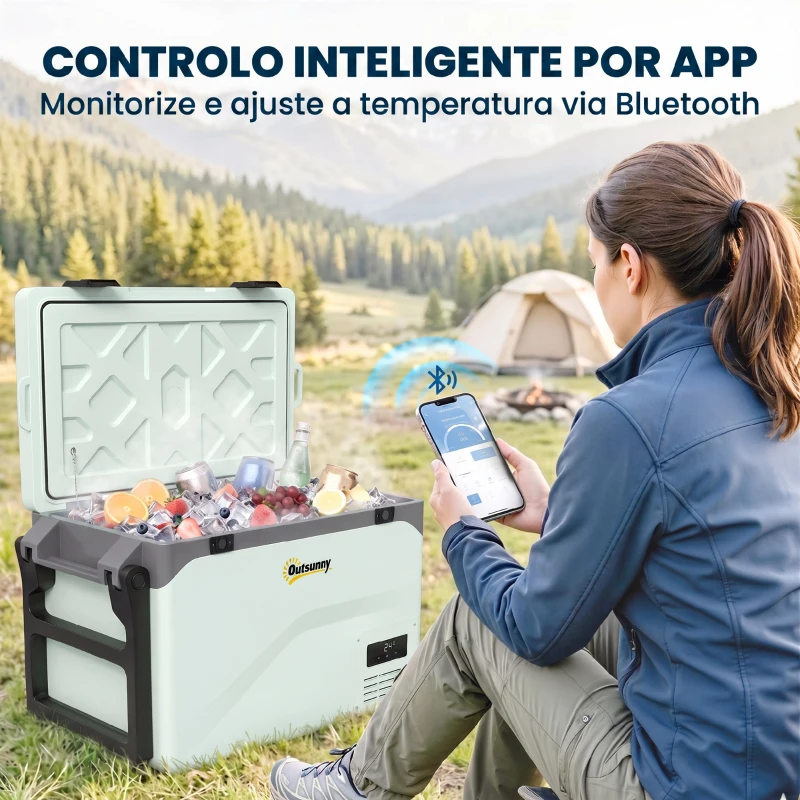 Outsunny Frigorífico Portátil Elétrico 42,5L com Compressor Controlo por App Rodas Alça Barra -20℃ a 20℃ e Suporte para Telemóvel Verde