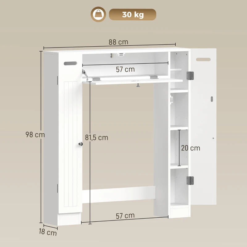 HOMCOM Mueble sobre Inodoro con 2 Armarios Cajón Abatible Portapapeles y Estantes Ajustables 88x18x98 cm Blanco