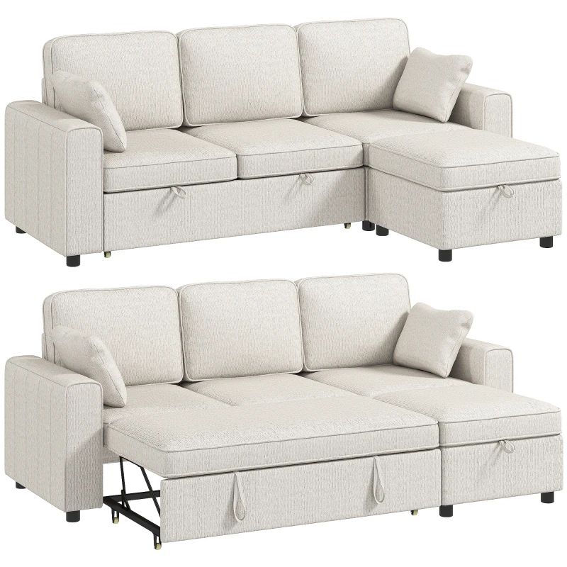HOMCOM Eck-Schlafsofa aus Chenille, Modulares 3‑Sitzer-Schlafsofa 225 cm mit Aufbewahrungs-Pouf, Beige