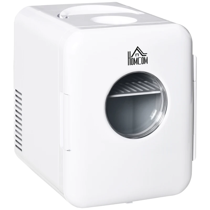 HOMCOM Mini Frigorífico 4L Nevera Eléctrica Pequeña 230V/12V con Función Frío y Calor 1 Puerta Reversible 2 Estantes y 2 Luces LED Silencioso 35dB para Camping Coche Casa 25,8x20,5x26,3 cm Blanco