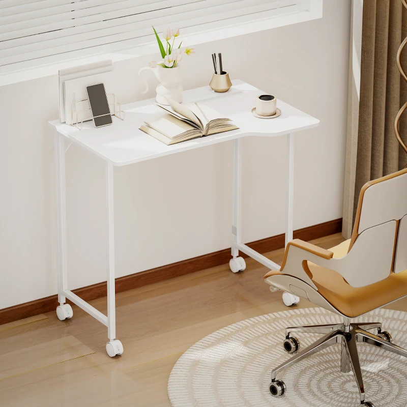 HOMCOM Small Folding Desk, with Wheels - White Wood-Effect