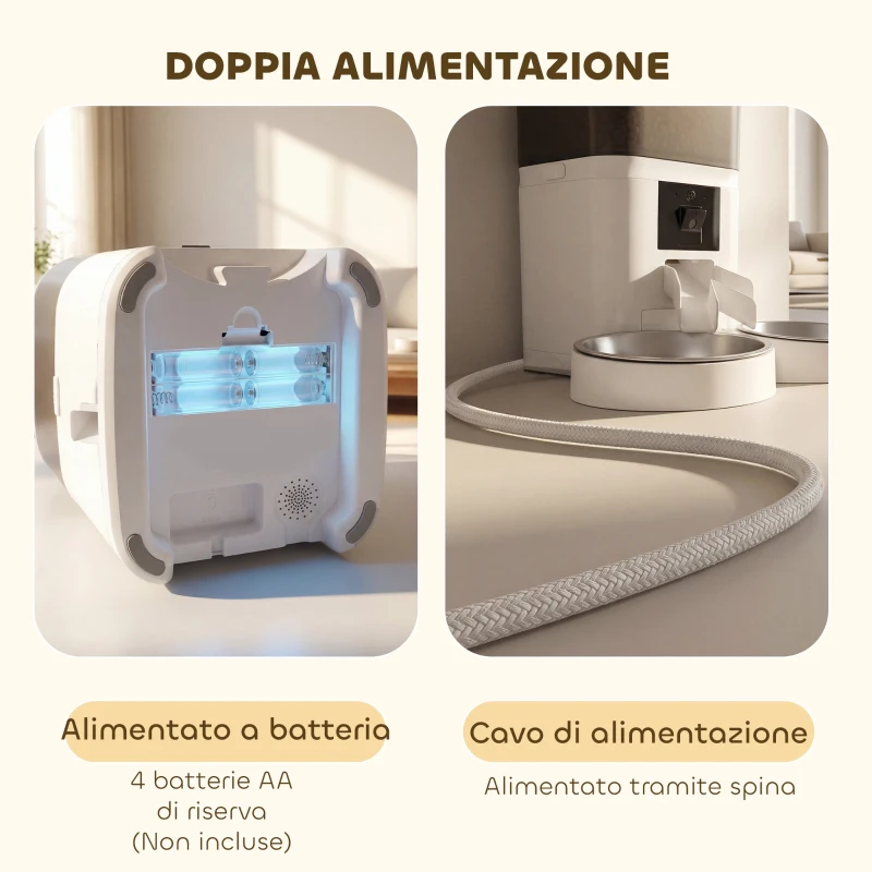 PawHut Distributore Automatico Cibo Gatti 6L WiFi 2.4G, App Controllo con Timer, 1-10 Pasti al Giorno, Registratore 10s, 2 Ciotole in Acciaio Inox