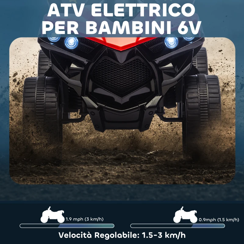 AIYAPLAY Quad Elettrico per Bambini ATV con Batteria Ricaricabile 6V, Fari LED e Musica, Età 18-56 Mesi, Rosso