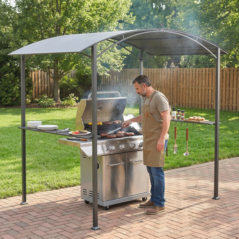 Outsunny Cenador para Barbacoa de 2,4 x 1,5 m Cenador de Pérgola Exterior con 2 Estantes Laterales y Ganchos Gris Oscuro