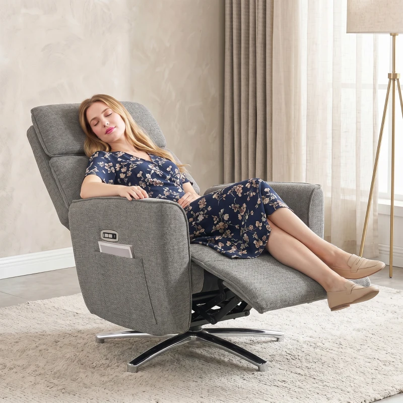 HOMCOM Fauteuil Relax Électrique Pivotant 360°, Fauteuil Inclinable avec Appui-Tête Réglable, Ports USB, Tissu en Lin, Gris