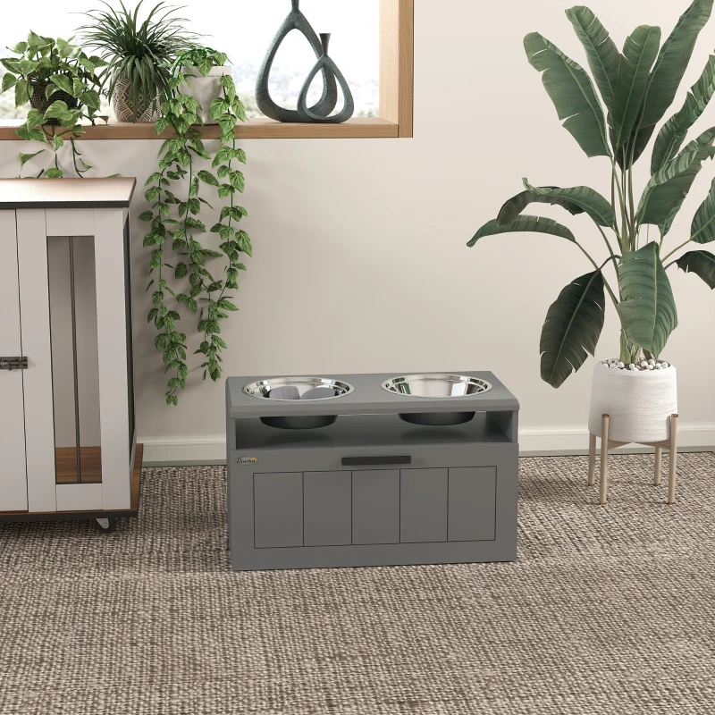 PawHut Gamelle Chien Surélevée avec Bols Anti-Glouton & Eau en Acier Inoxydable, Tiroir de Rangement, 60x30x35cm, Gris