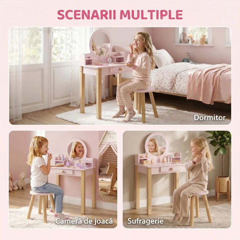 AIYAPLAY Set Masă de Toaletă pentru Fete cu Taburet, Oglindă, Sertar, din Lemn de Pin și MDF, pentru 3-6 Ani, Roz