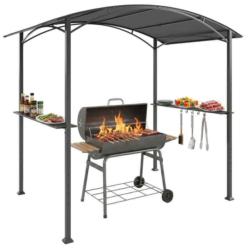 Outsunny Cenador para Barbacoa de 2,4 x 1,5 m Cenador de Pérgola Exterior con 2 Estantes Laterales y Ganchos Gris Oscuro
