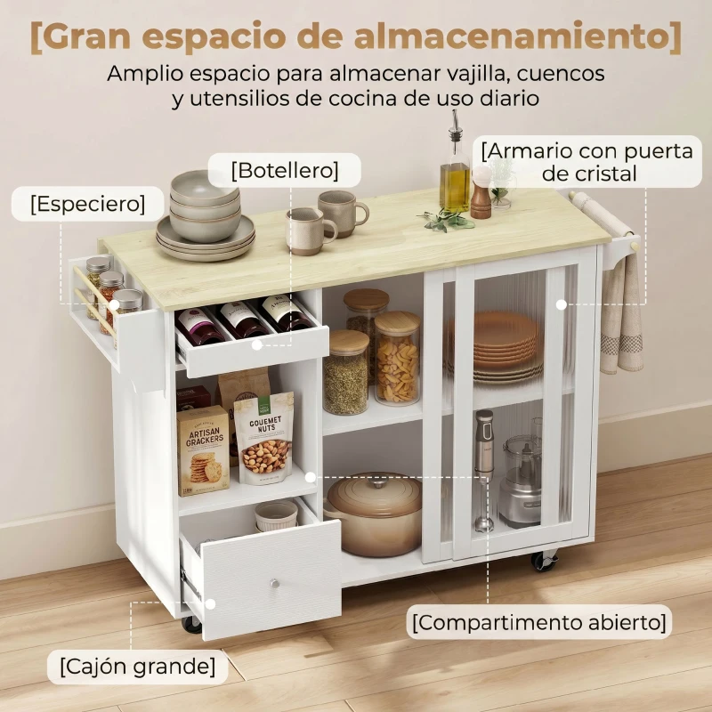 HOMCOM Isla de Cocina con Encimera Abatible Ruedas Puertas Correderas de Vidrio Botellero Cajón Especiero Estante Ajustable