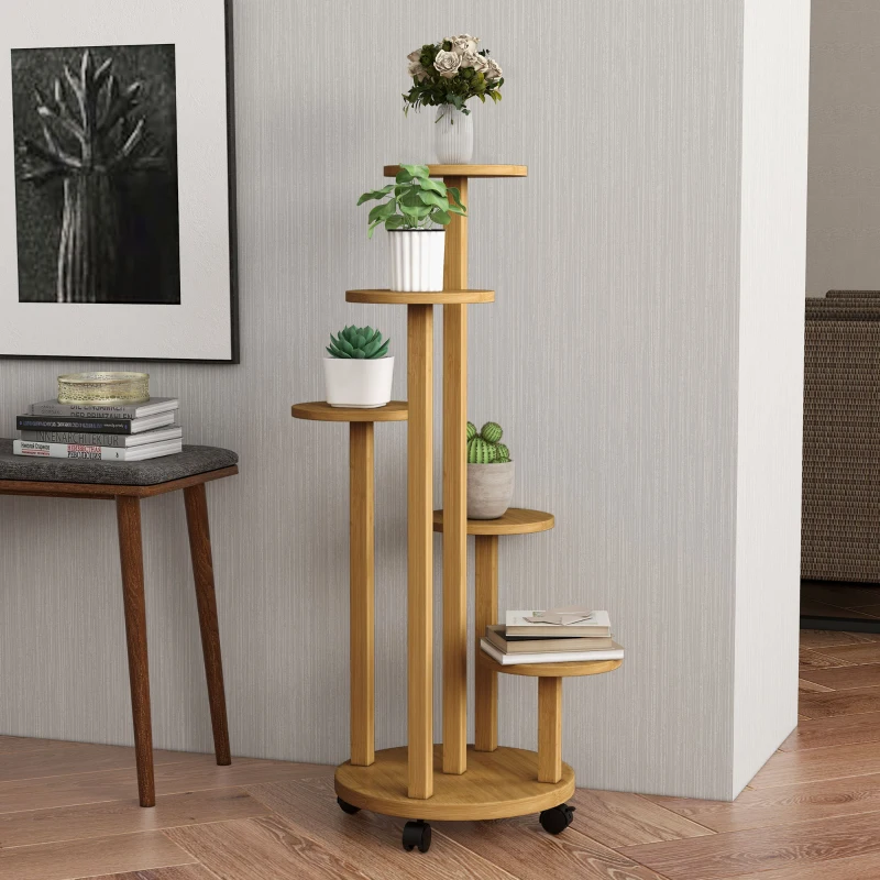 Outsunny Soporte para Plantas de Bambú con Ruedas de 5 Niveles Estantería Redonda para Plantas para Esquina 33x33x90 cm Natural