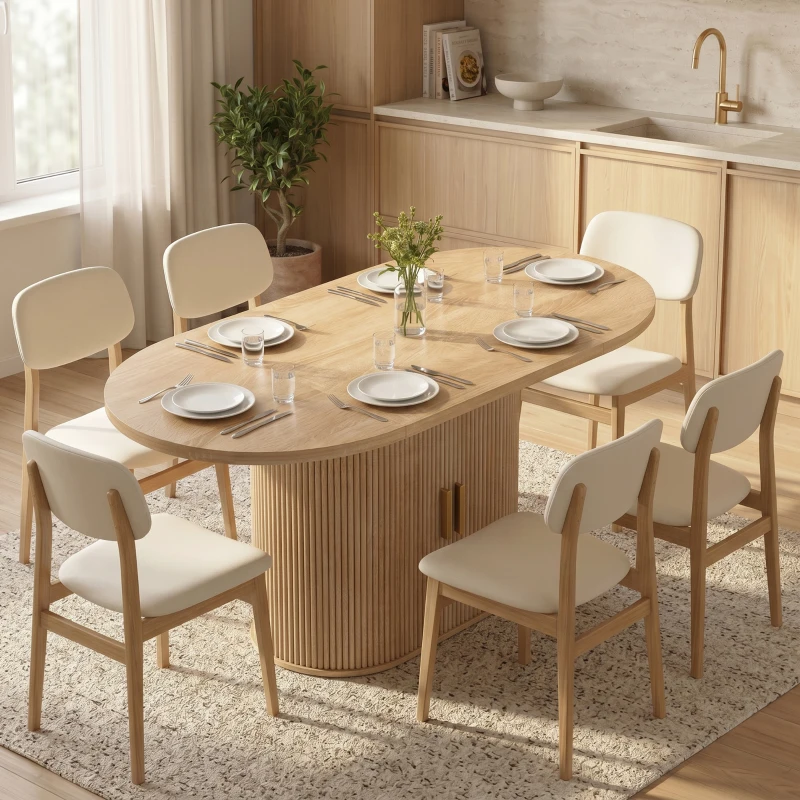 HOMCOM Mesa de Comedor Ovalada para 6 Personas con Tablero Grueso Puertas Correderas Tipo Persiana 6 Compartimentos Roble