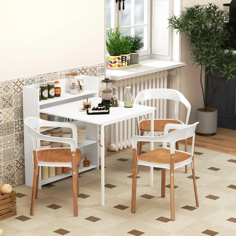 HOMCOM Mesa Plegable de Comedor Mesa de Cocina con Ala Abatible 4 Compartimentos Hasta 3 Personas 78,5x91x93 cm Blanco