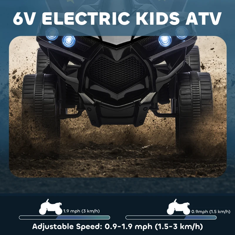 AIYAPLAY 6V Kids ATV, 4 Wheeler Electric Ride on Car with Music and LED Headlights, for Ages 18-56 Months Boys and Girls, Black