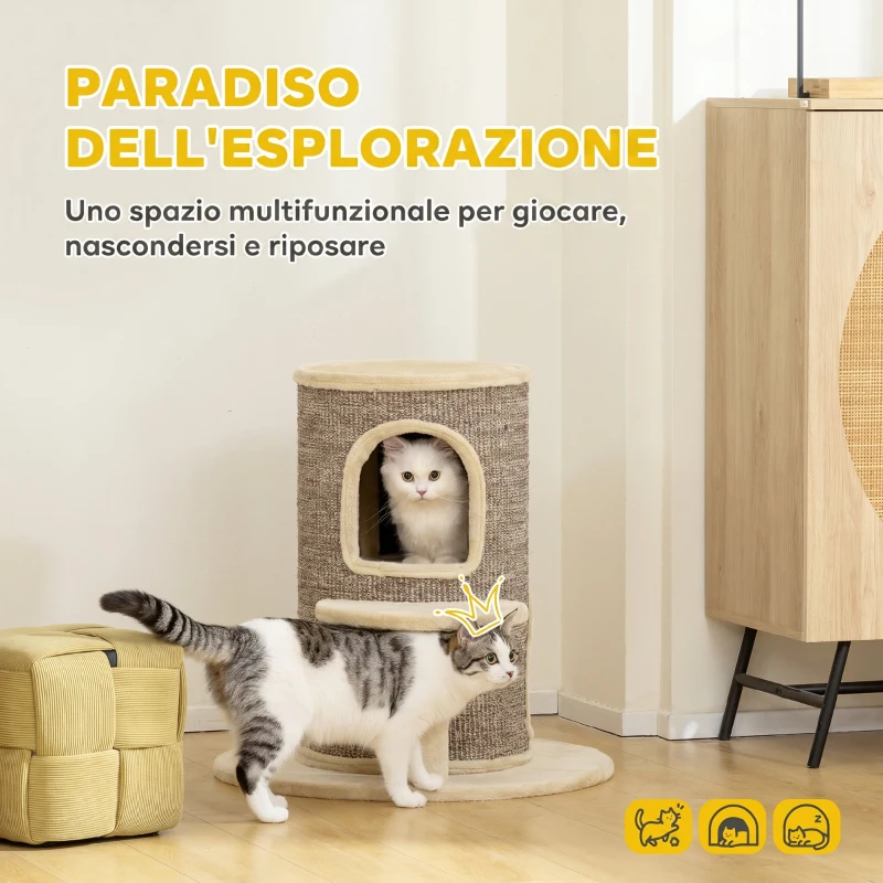PawHut Torre per Gatti a 2 Livelli con 2 Nascondigli, Piattaforma, Superficie in Sisal, 60x60x 61 cm, Beige e Marrone