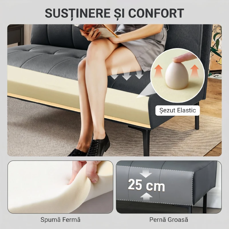 HOMCOM Canapea 2 Locuri din Piele Ecologică Fără Brațe, Matlasată cu Nasturi, 115x73x83 cm, Neagră