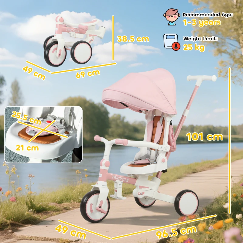 AIYAPLAY 5 in 1 Kids Trike with Adjustable Backrest, Toddler Tricycle with Push Handlebar, Adjustable Backrest, Pink