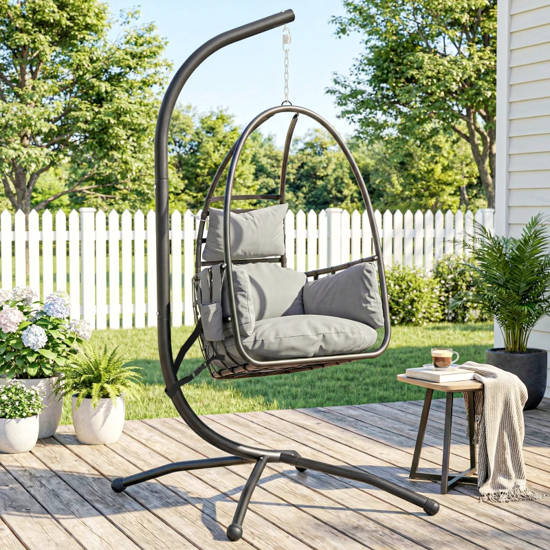 Outsunny Hanging Egg Chair, Indoor Outdoor Swinging Hammock Chair with Stand, Foldable Basket, Side Pocket, Dark Grey
