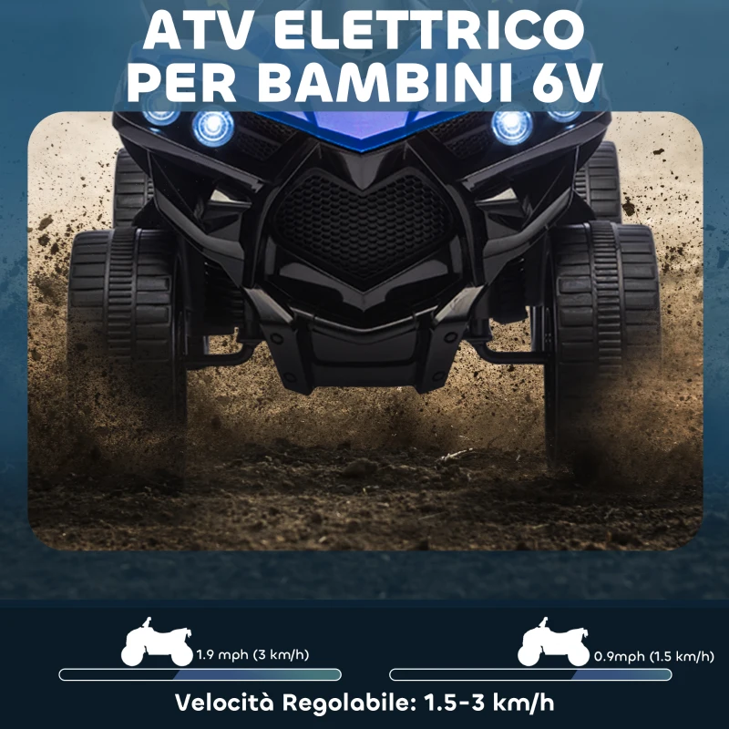 AIYAPLAY Quad Elettrico per Bambini ATV con Batteria Ricaricabile 6V, Fari LED e Musica, Età 18-56 Mesi, Blu
