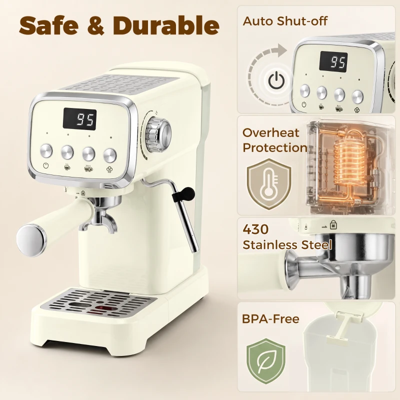 HOMCOM Machine à Expresso avec Buse Vapeur à Mousse de Lait, Cafetière 20Bars, Réservoir d'Eau Amovible 1,2 L, Crème