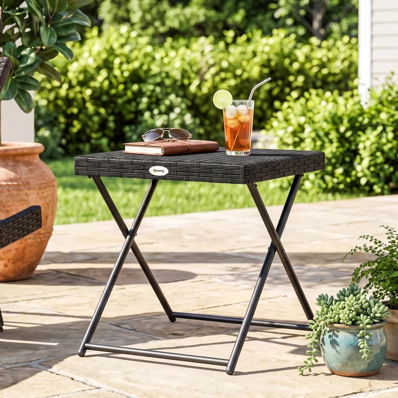 Outsunny Tavolino da Giardino Pieghevole Salvaspazio in Rattan Sintetico e Acciaio, 40x40x40cm, Nero