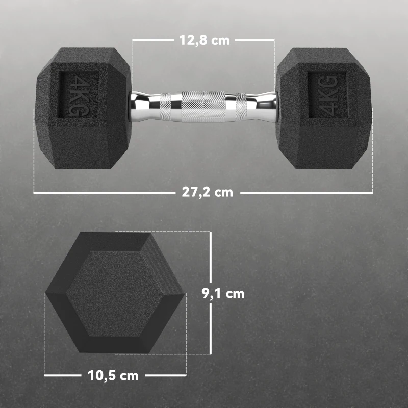 HOMCOM Set di 2 Manubri da 4 kg Esagonali con Presa Antiscivolo e Rivestimento in Gomma, Nero