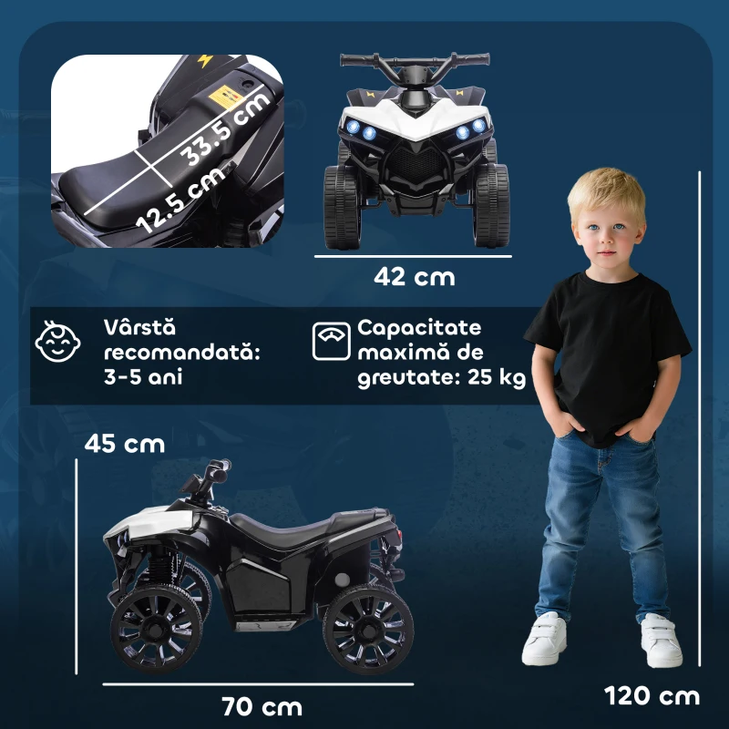 AIYAPLAY ATV Electric pentru Copii 6V, Mașină cu 4 Roți cu Muzică și Faruri LED, pentru Vârste 3-8 Ani, Alb, Negru