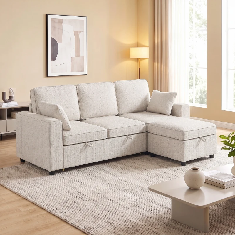 HOMCOM Sofá Esquinero Convertible en Chenilla, Sofá Cama 3 Plazas Modular 225 cm con Puff de Almacenaje, Beige