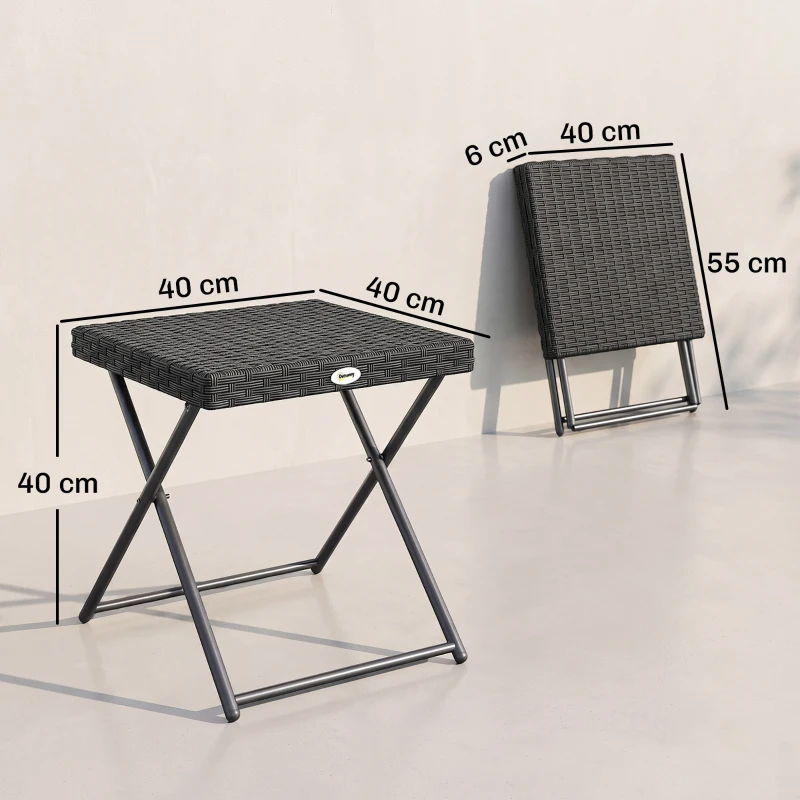 Outsunny Tavolino da Giardino Pieghevole Salvaspazio in Rattan Sintetico e Acciaio, 40x40x40cm, Nero