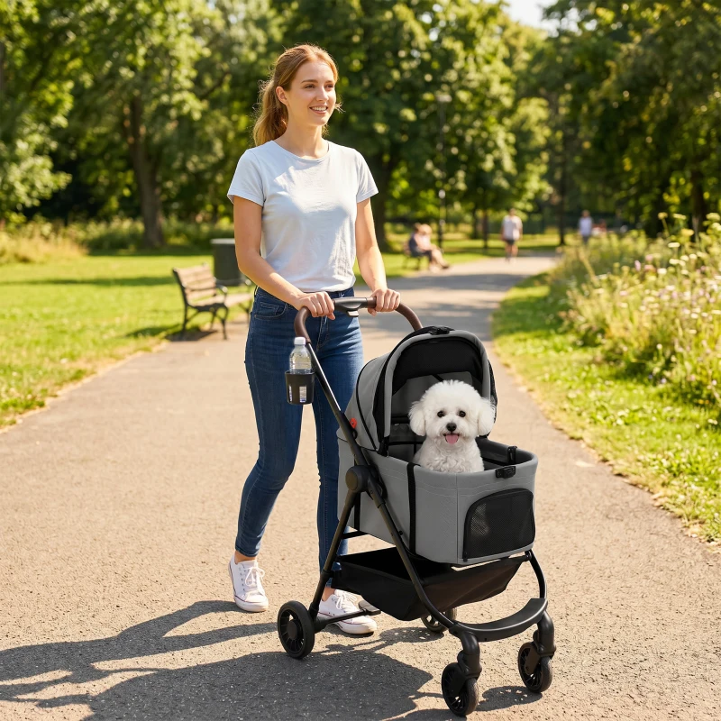 PawHut Dog Stroller, 3 in 1 Foldable Pet Stroller for Small Puppy Cat with Detachable Travel Carrier, Storage Basket, Grey