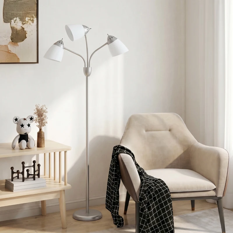 HOMCOM Arc Tree Floor Lamp with 3 Adjustable Rotating Lights, Industrial Standing Lamp with Steel Frame, Silver Tone