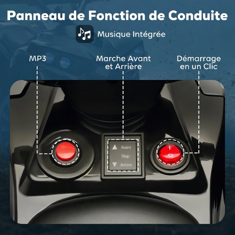 AIYAPLAY Quad Électrique Enfant 6V, Voiture Électrique Enfants ATV, Musique et Phares LED, 18-56 Mois, 70x42x45cm, Noir