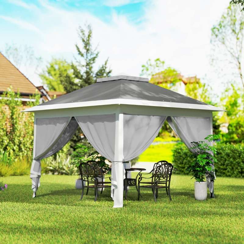 Outsunny Carpa Plegable 3,3x3,3 m Pop-up Altura Ajustable Doble Techo Mosquiteras Extraíbles y Bolsa de Transporte Anti-UV Gris