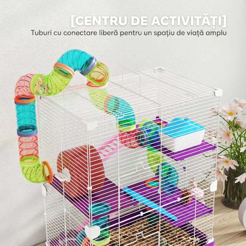 PawHut Cușcă pentru Hamsteri pe 5 Niveluri, cu Tuburi, Roată, Scări, Căsuță și Biberon, 46 x 30 x 58 cm, Mov