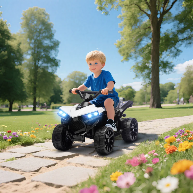 AIYAPLAY Quad Eléctrico para Niños 6 V Quad para Niños de 18 a 56 Meses Velocidad hasta 3 km/h Faros y Música 70x42x45 cm Blanco
