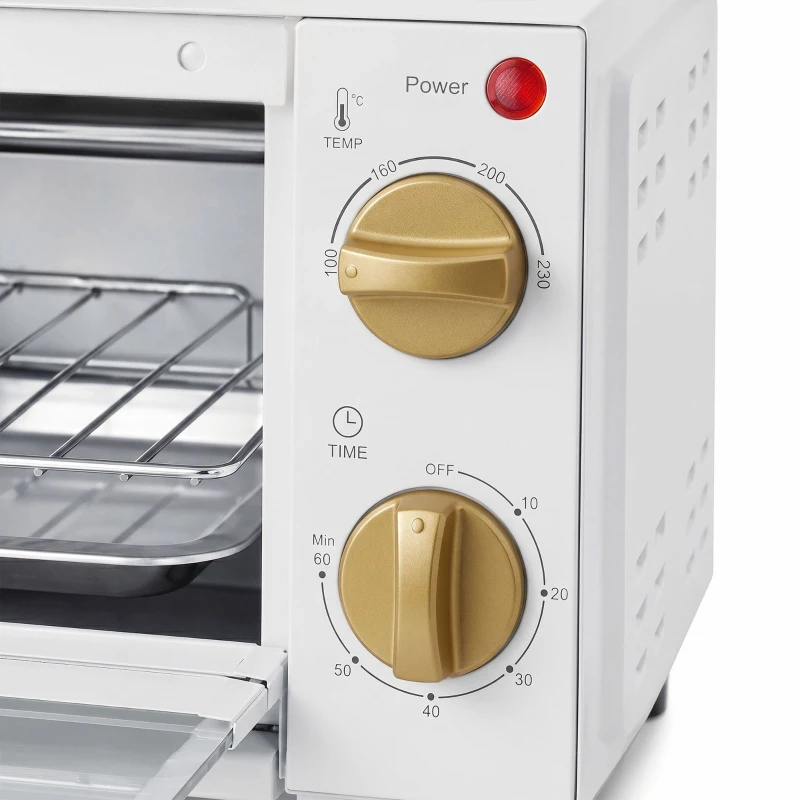 HOMCOM Mini Oven, 9L Countertop Electric Grill, Toaster Oven with Adjustable Temperature and Timer, 750W, White