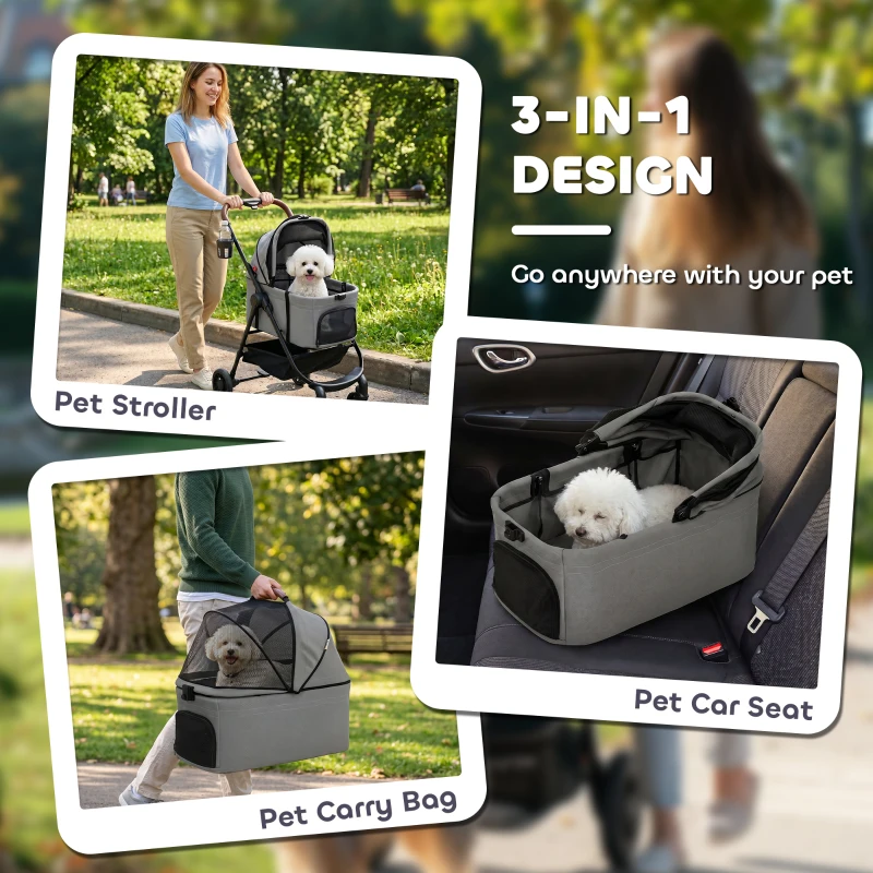 PawHut Dog Stroller, 3 in 1 Foldable Pet Stroller for Small Puppy Cat with Detachable Travel Carrier, Storage Basket, Grey