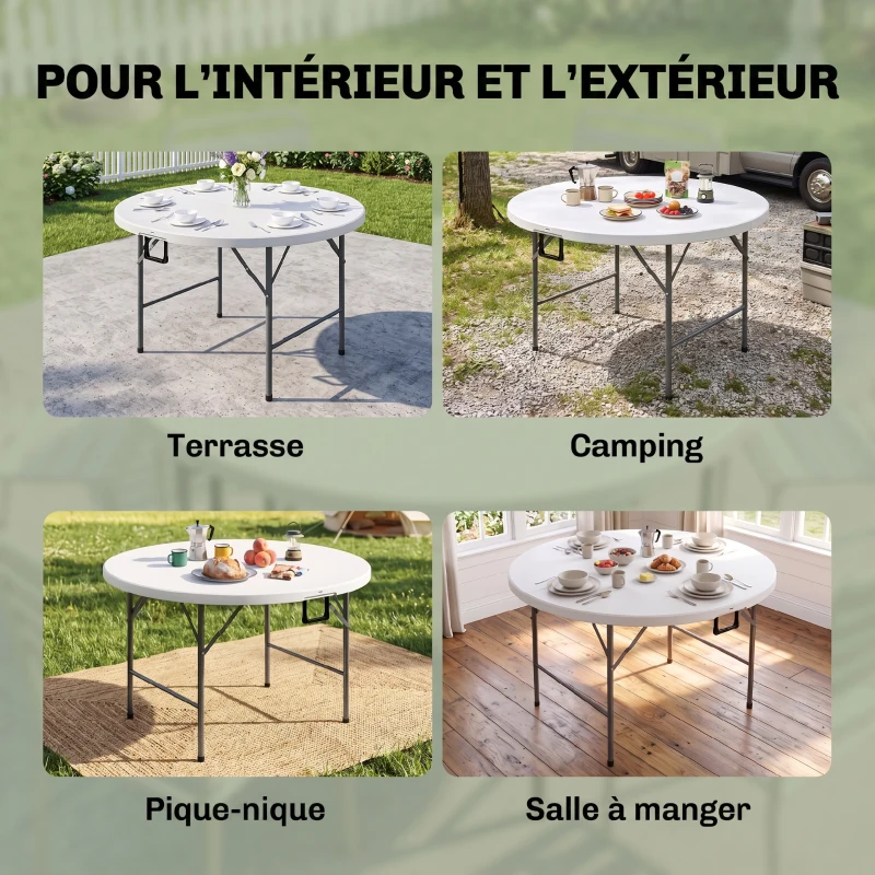 Outsunny Tavolo Pieghevole per Giardino e Campeggio, in Acciaio e HDPE, Ø122x73 cm, Grigio e Bianco