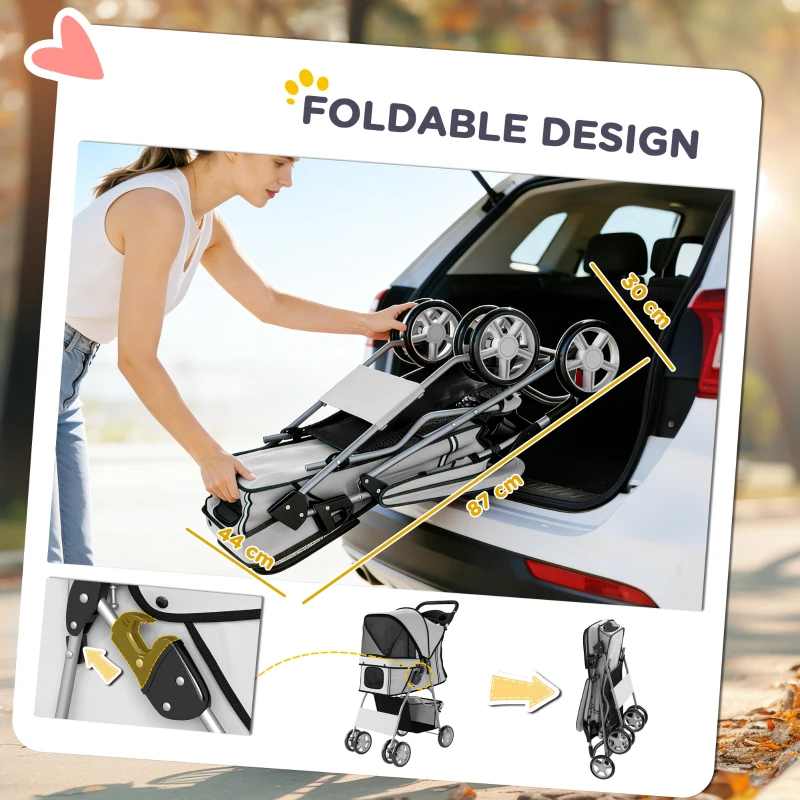 PawHut Dog Pram, Pet Stroller with Reflective Strips, Foldable Cat Stroller with 360° Swivel Wheels, Grey