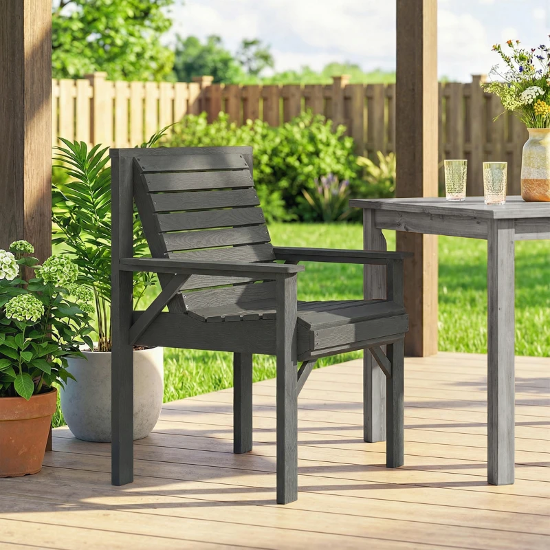 Outsunny Wooden Garden Dining Chair, Outdoor Chair Garden Armchair with Curved Seat and Wide Armrests, Grey Embossed Finish