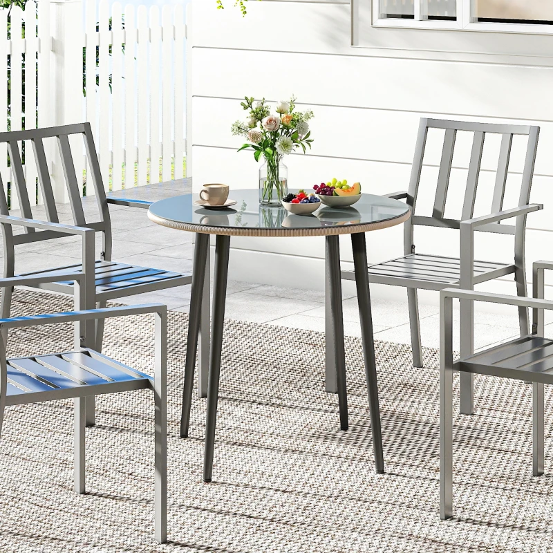 Outsunny Mesa de Comedor de Jardín con Tablero de Vidrio Templado con Borde de Ratán Estructura de Acero 80x80x74 cm Gris