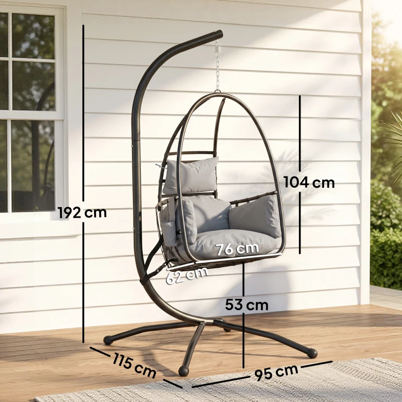 Outsunny Hanging Egg Chair, Indoor Outdoor Swinging Hammock Chair with Stand, Foldable Basket, Side Pocket, Dark Grey