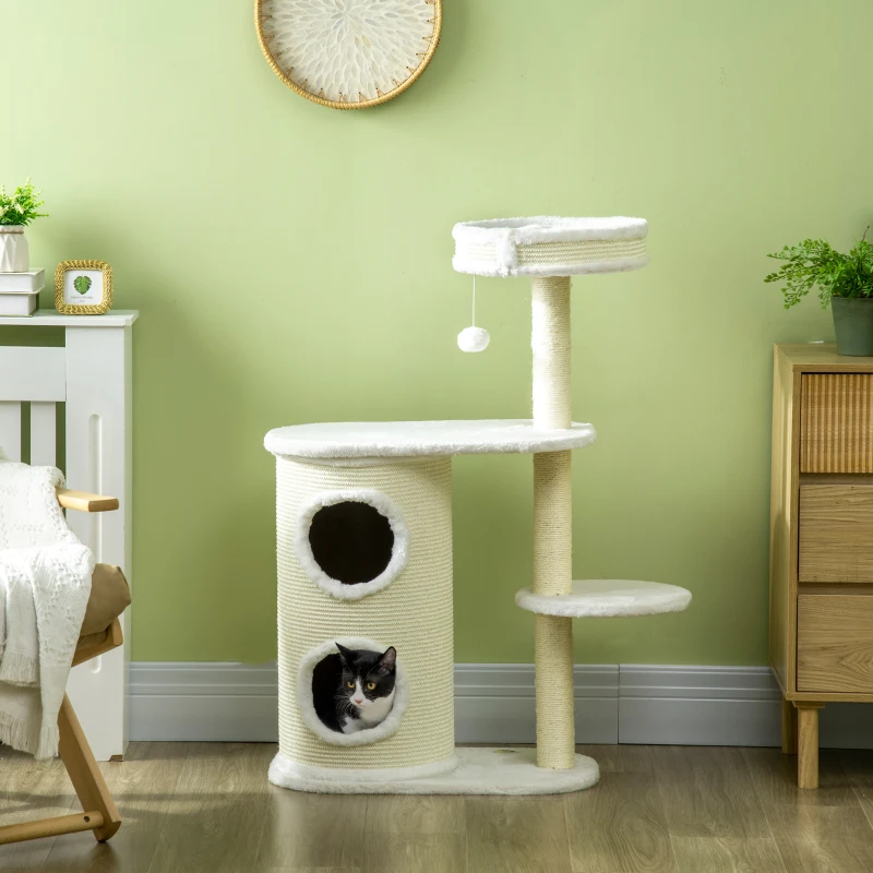 PawHut Albero Tiragraffi per Gatti Alto 100 cm con Palo Graffiatoio in Sisal, Cesto e Casetta a 2 Livelli, Crema