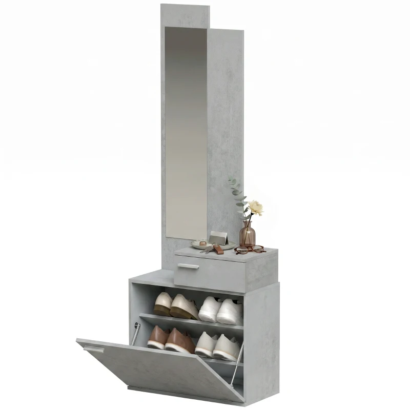 HOMCOM Ensemble meuble d'entrée avec meuble à chaussures abattant, vestiaire avec miroir, tiroir et plateau, gris