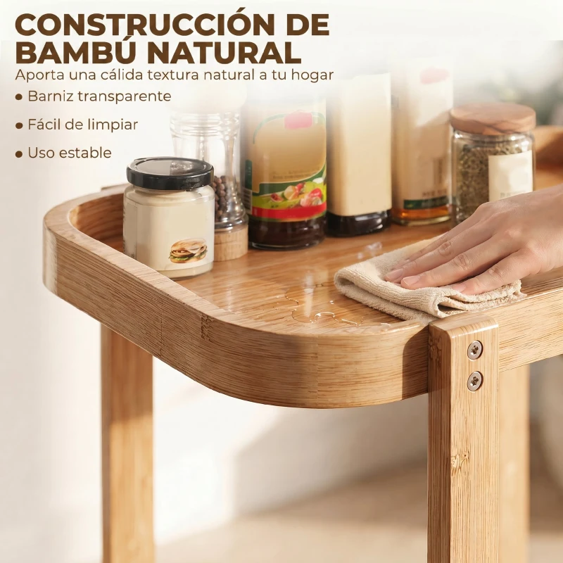 HOMCOM Carrito de Cocina de Bambú de 2 Niveles Carrito Auxiliar para Cocina con Ruedas 2 Estantes 54x36,5x60 cm Natural