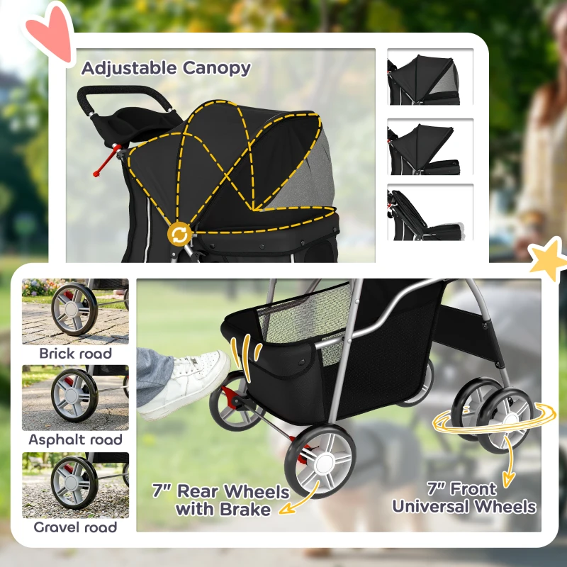 PawHut Dog Pram, Pet Stroller with Reflective Strips, Foldable Cat Stroller with 360° Swivel Wheels, Black